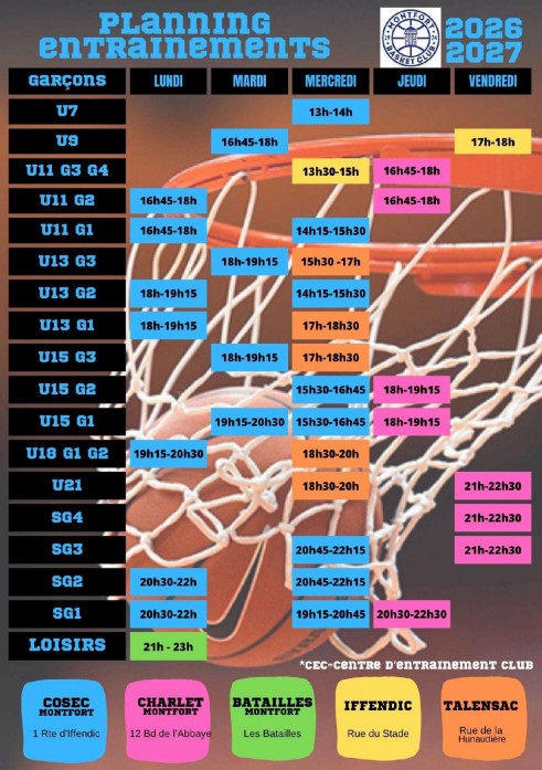 Plannings des entraînements - saison 2026/2027